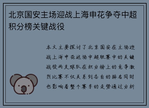 北京国安主场迎战上海申花争夺中超积分榜关键战役